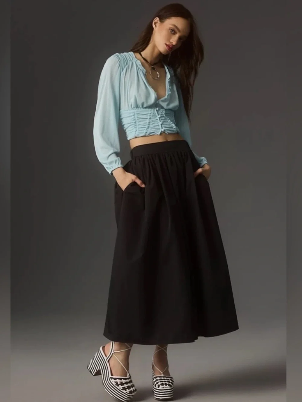 ANTHROPOLOGIE Long-Sleeve Femme Ruched Cropped Top Blue Mesh Small